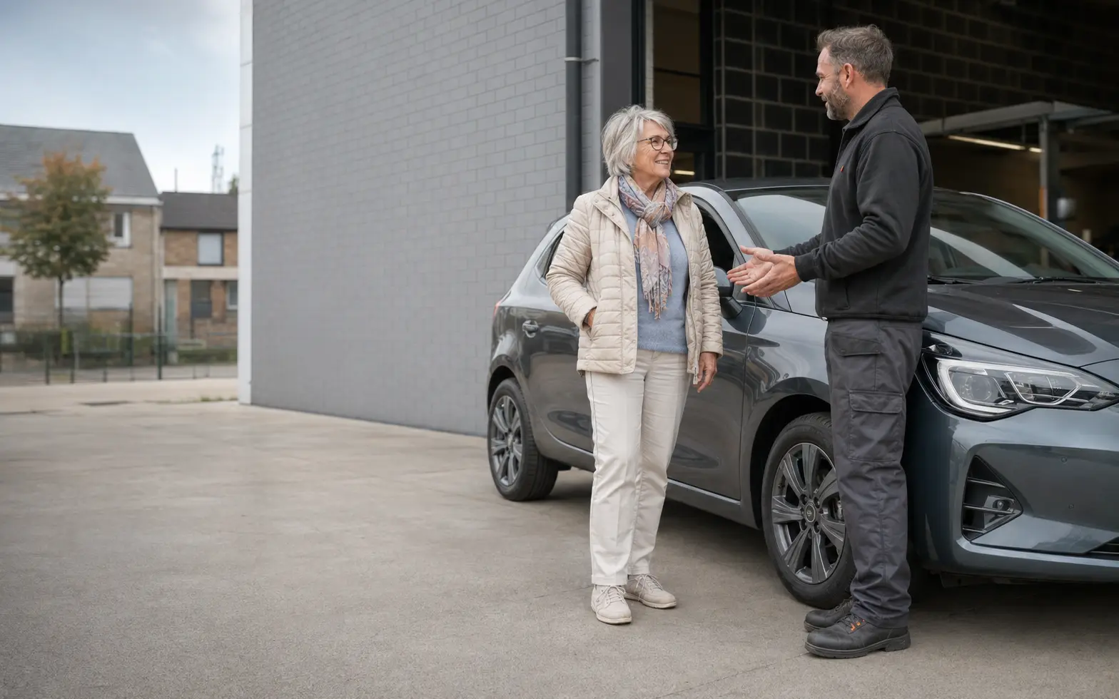 Une conductrice échange près de son véhicule